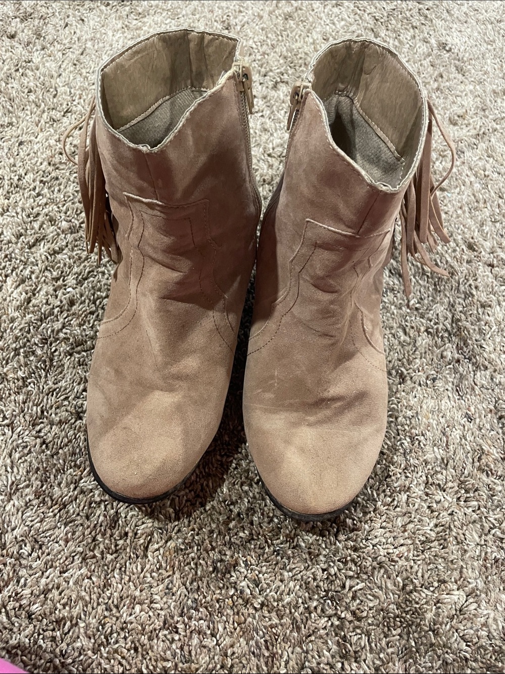 Suede Fringe Ankle Booties in Taupe